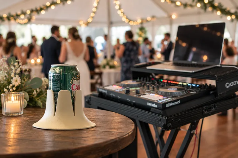 Steadi on a separate drink surface in a DJ setting. AI lifestyle illustration.