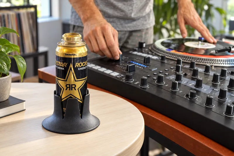 Steadi on a separate drink surface in a DJ setting. AI lifestyle illustration.