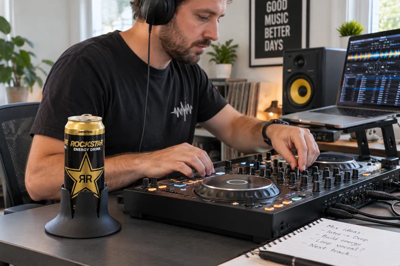 Adult DJ mixing at a home practice controller with opened energy-drink can in Steadi on dedicated broad level section of DJ desk within reach, separated from controls. AI illustration.
